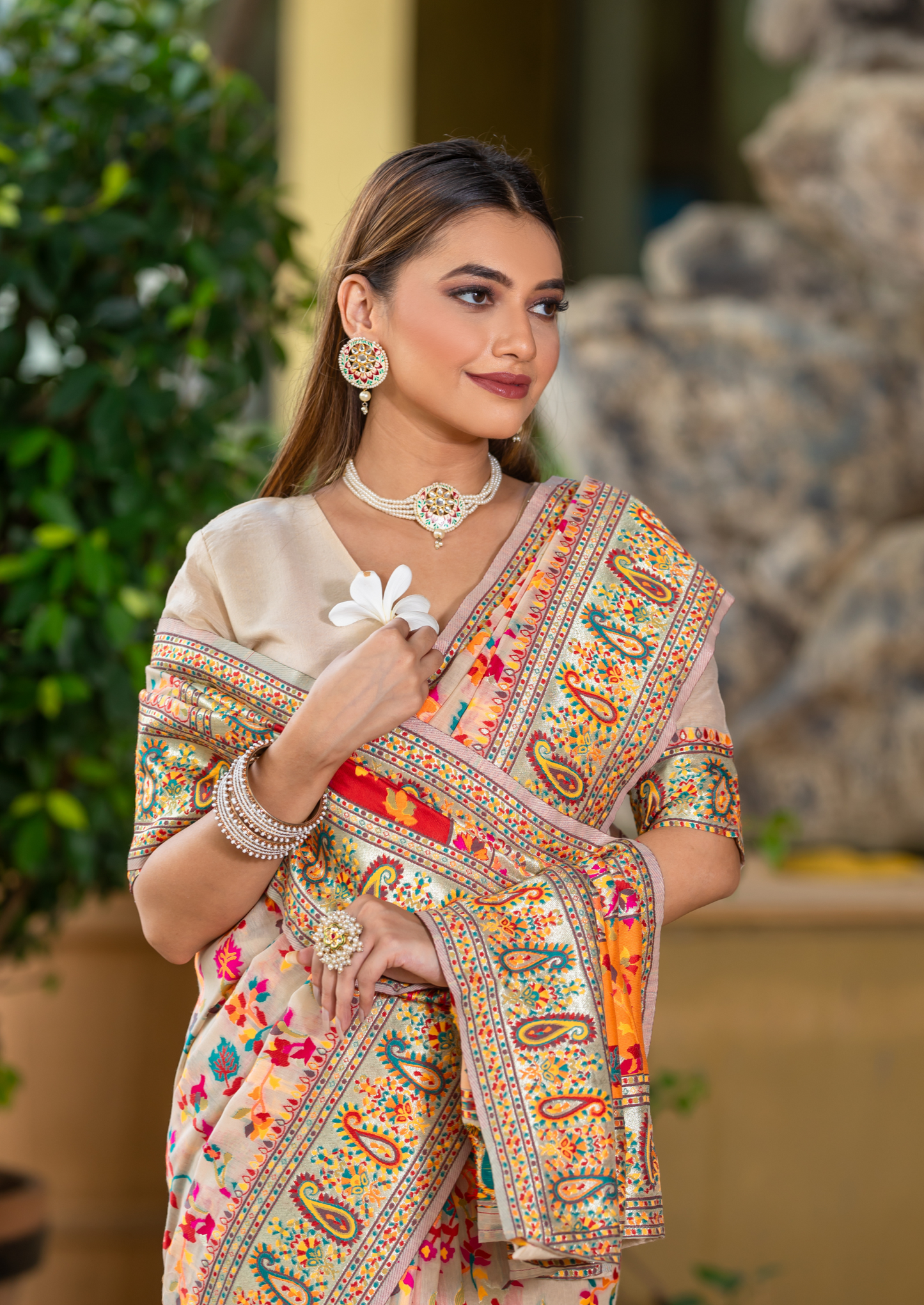 Cream Cotton Silk Pashmina Sarees