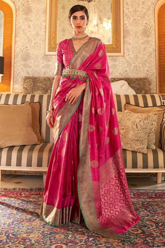 Punch Pink Banarasi Tussar Silk Saree
