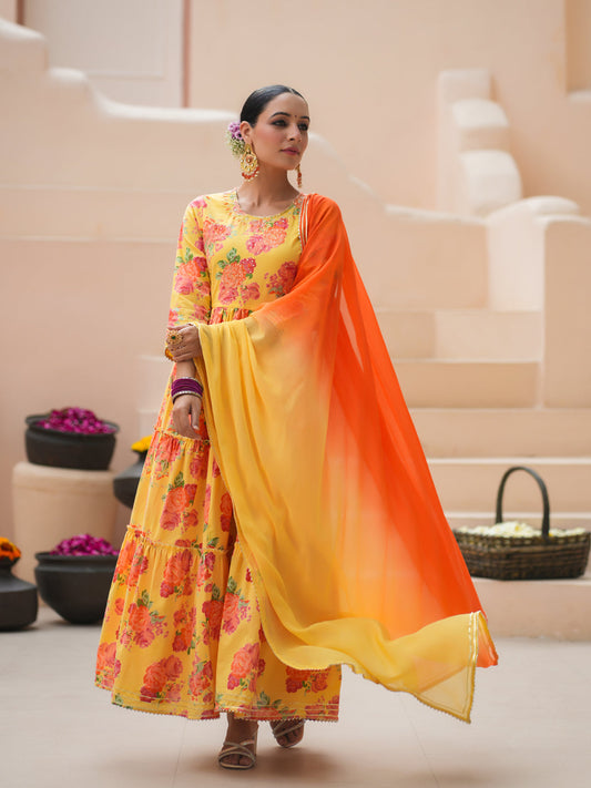 Floral Printed Sequinned Pure Cotton Anarkali Suit