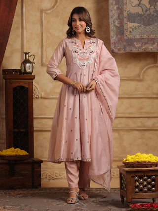 Floral Embroidered Chanderi Cotton Anarkali Kurta with Trousers & Dupatta