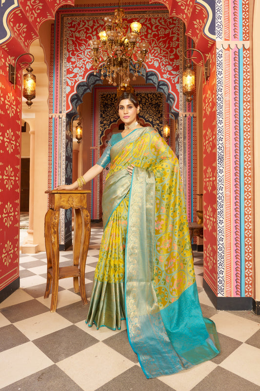 Yellow Banarasi Pure Soft Silk Saree