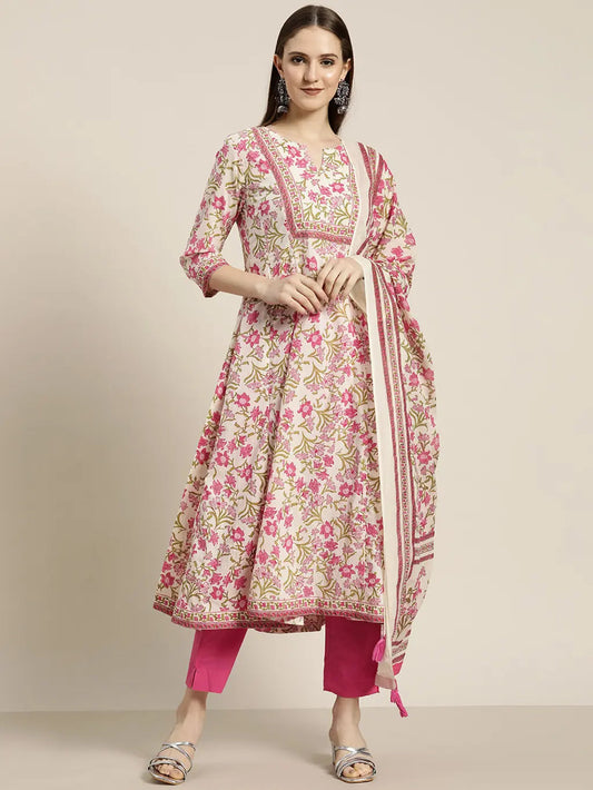 Women Pink Floral Printed Cotton Kurta
